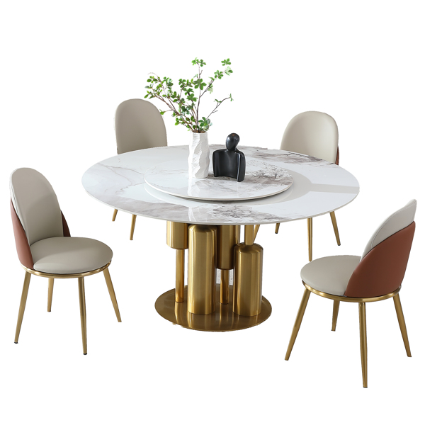 Modern Marble Dining Table with Removable Turntable, 59" Round Sintered Stone Table with Stainless Steel Base, 5-Piece Dining Table Set for Dining Room, Kitchen, Dinette, Compact Space (LTL item)