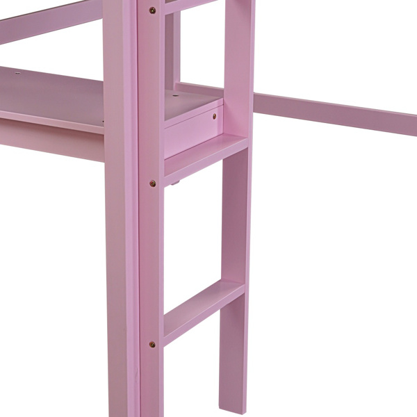 Twin High Loft Bed, Rubber Wood Loft Bed with Safety Guardrail, built-in desk, ladder,Pink 