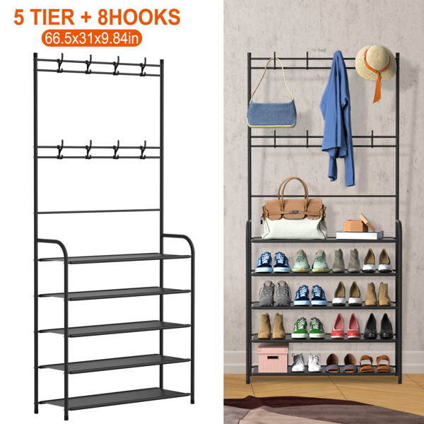 Entryway Coat Hat Rack Shoe Storage Shelf 5 Tier Shoe Rack Freestanding Hall Tree Garment Hanger Stand Clothes Shoe Organizer Combo