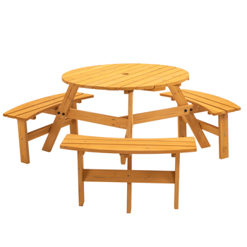 6-Person Outdoor Circular Wooden Picnic Table with 3 Built-in Benches for Patio Backyard Garden（Natural）