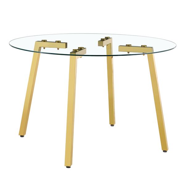 Modern Luxurious Round Tempered Glass Dining Table with Gold 7-Shaped Metal Legs,suitable for family meals, office conferences, or as a casual coffee table for various occasions.47.3*47.3*29.5