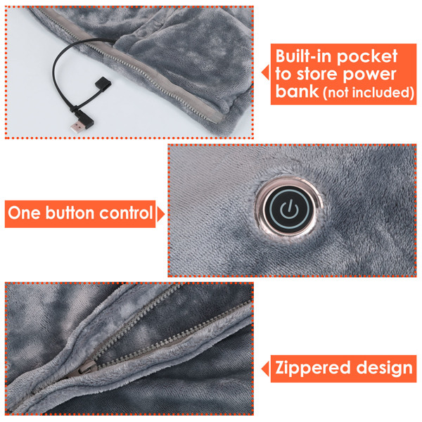 Wearable USB Heated Blanket Shawl, Portable Heated Blanket, 3 Gears 8 Heating Zones Cordless Zip Heated Throw Blanket for Women, Outdoor, Office, Camping