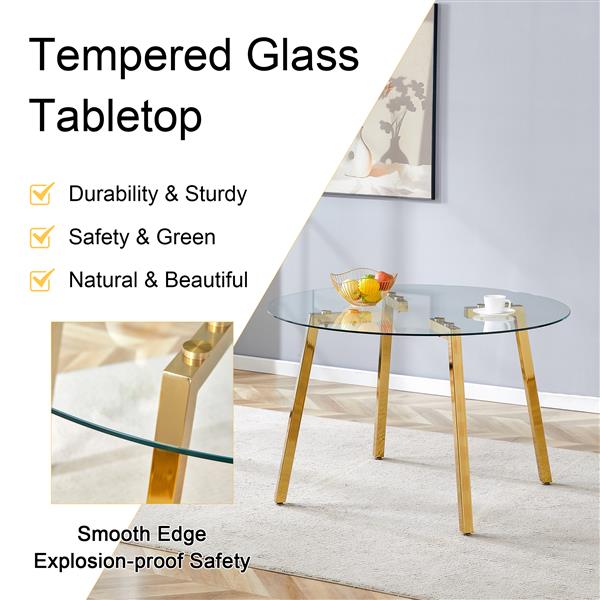 Modern Luxurious Round Tempered Glass Dining Table with Gold 7-Shaped Metal Legs,suitable for family meals, office conferences, or as a casual coffee table for various occasions.47.3*47.3*29.5