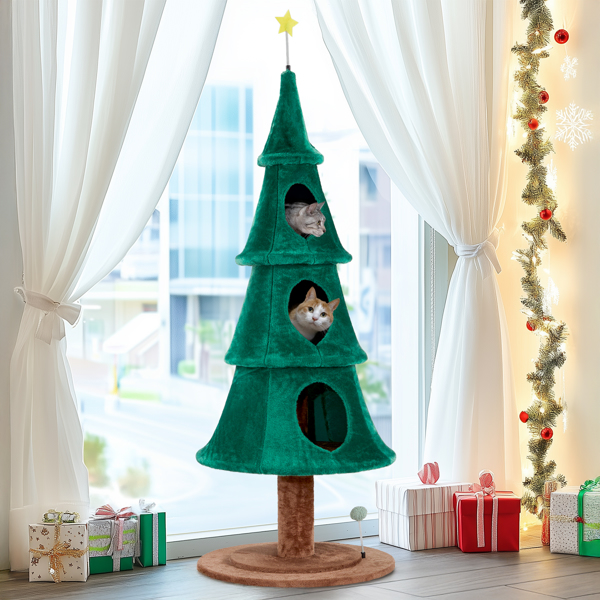 65in Large Tall Christmas Tree Cat Tower with 3 Cat Houses, Soft Fleece Cat Tree with  Teaser Toy & Sturdy Base & Built-in Openings for Indoor Cats