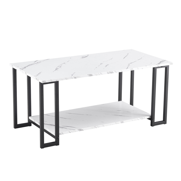 Coffee Table, 2 Layers 1.5cm Thick Marble MDF Rectangle 39.37" L Tabletop Iron Coffee Table , Dining Room, Coffee Shop, Resterant, White Top, Black Leg 