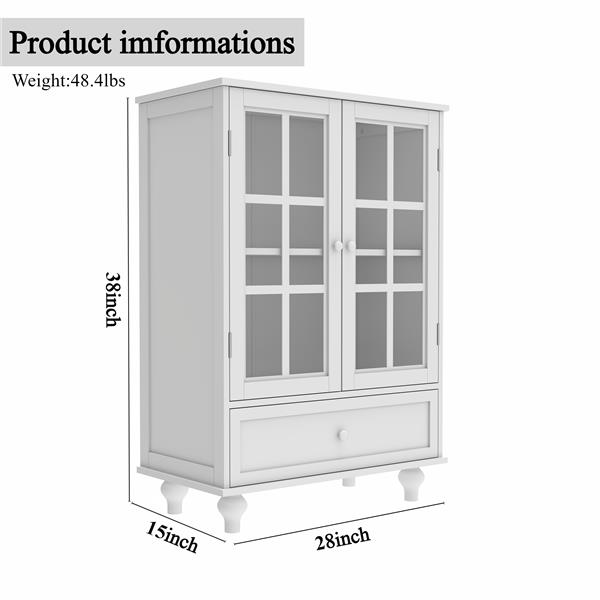 Minimalist White Buffet Cabinet with Double Glass Doors and Drawer, Modern Wooden Storage Sideboard Cupboard for Living room, Dining Room Hallway Entryway