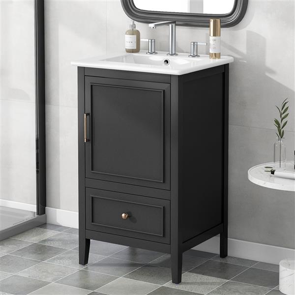 20" Bathroom Vanity with Sink, Bathroom Cabinet with Two Doors, Door Shelf Storage and Adiustable Foot Pads, A Drawer, Black