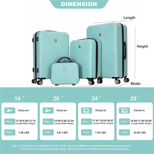 4-piece ABS lightweight suitcase, 14 inch makeup box, aircraft wheels (14/20/24/28) LIGHT BLUE