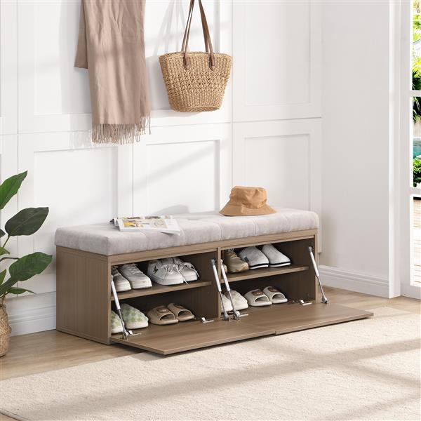 49" Shoe Storage Bench Entryway Shoe Cabinet Storage Ottoman with Padded Seat Cushion and Double Doors for Entryway, Hallway and Bedroom, Light Grey