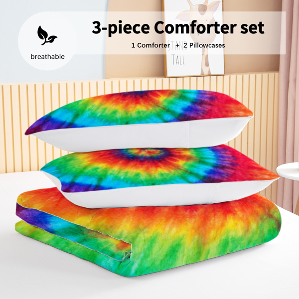 Tie Dye Comforter Set Full Size Rainbow Bedding for Girls 3 Piece Boho Colorful Fluffy Quilt Set for Teen Kids 3pc Tie Dye Bedspreads (Orange Blue Green) （Maybe Shipment from FBA）