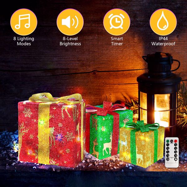 Set of 3 Christmas Lighted Gift Boxes Xmas Present Ornament 50 LED Christmas Box Decorations with Ribbon Bows IP44 Waterproof Battery Powered for Indoor Outdoor Decor