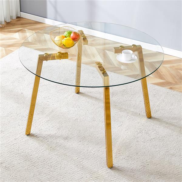 Modern Luxurious Round Tempered Glass Dining Table with Gold 7-Shaped Metal Legs,suitable for family meals, office conferences, or as a casual coffee table for various occasions.47.3*47.3*29.5