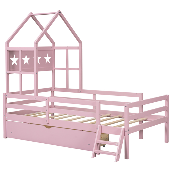 Wood Twin Size House Platform Bed with Guardrail and Drawer, Pink