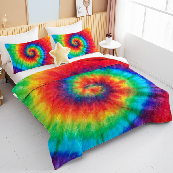 Tie Dye Comforter Set Full Size Rainbow Bedding for Girls 3 Piece Boho Colorful Fluffy Quilt Set for Teen Kids 3pc Tie Dye Bedspreads (Orange Blue Green) （Maybe Shipment from FBA）