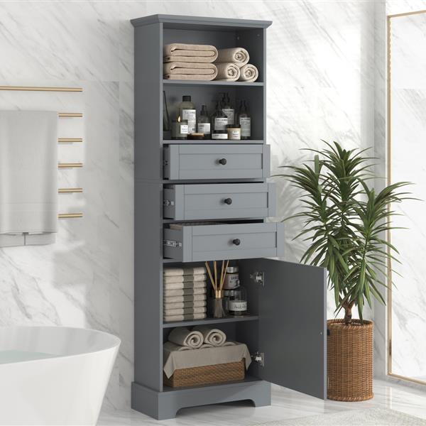 Gray Tall Storage Cabinet with 3 Drawers and Adjustable Shelves for Bathroom, Study, Office and Interior, MDF Board with Painted Finish