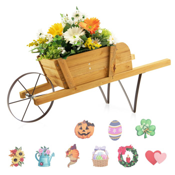 2 In 1 Wheelbarrow Planter，Wooden Wagon Planter with 9 Magnetic Accessories for Garden Yard