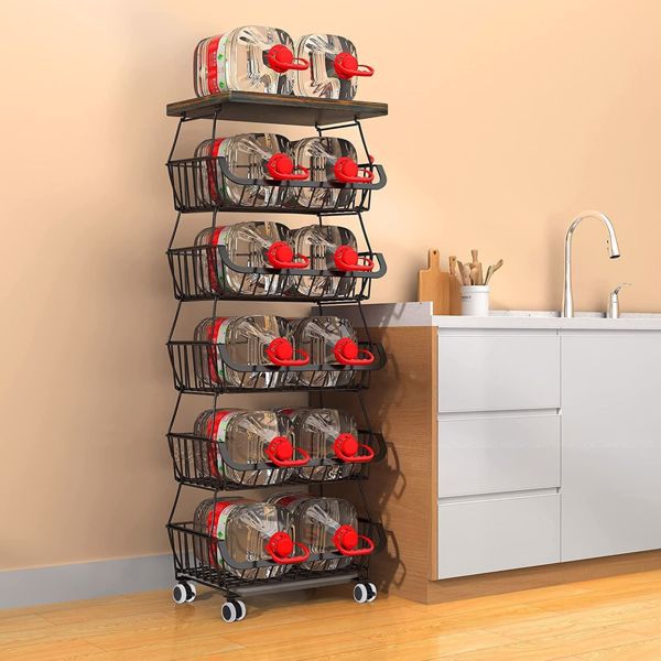 6-Tier Fruit Basket Rack, Stackable Wire Basket Cart with Solid Wood Top, Kitchen Vegetable Storage&Organization