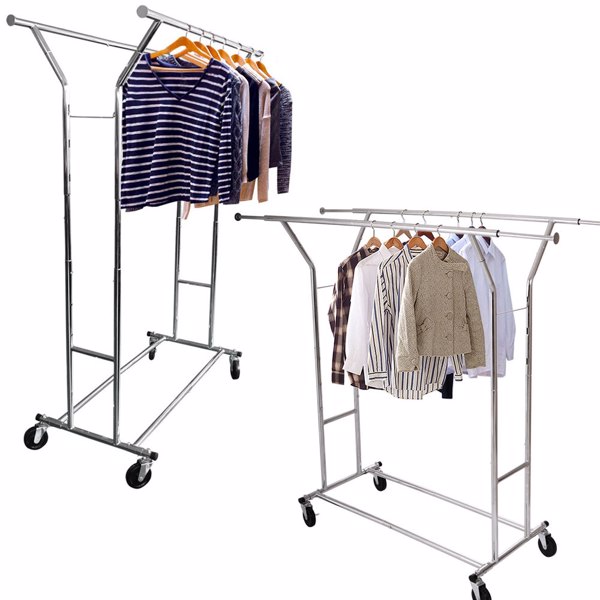 Portable Double-bar Steel Clothes Rack Silver