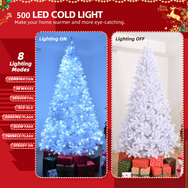 8 FT Pre-lit Artificial Christmas Tree, Hinged Xmas Pine Tree with 1500 Branch Tips, 500 Lights and Remote Control for Holiday Party Office Home, White