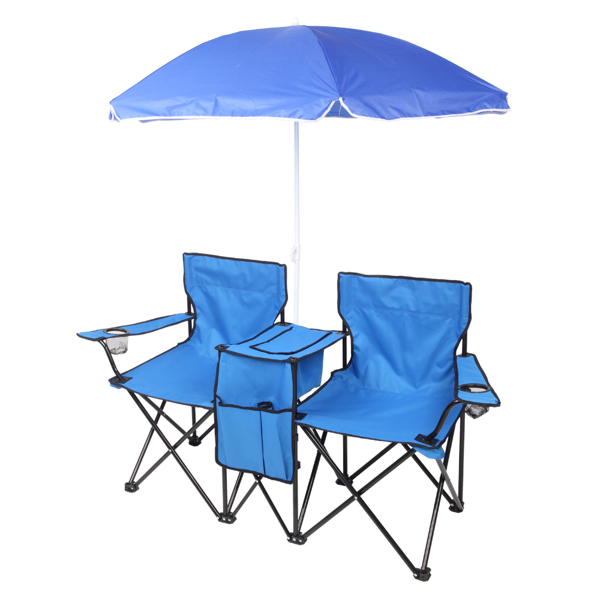 Portable Outdoor 2-Seat Folding Chair with Removable Sun Umbrella Blue