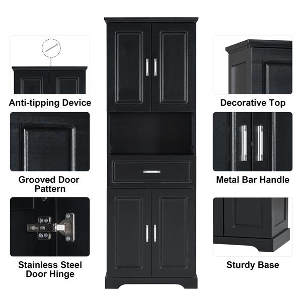 Tall Bathroom Cabinet with Four Doors, Large Storage Space Open Shelve, Upper Storage Cabinet, Black