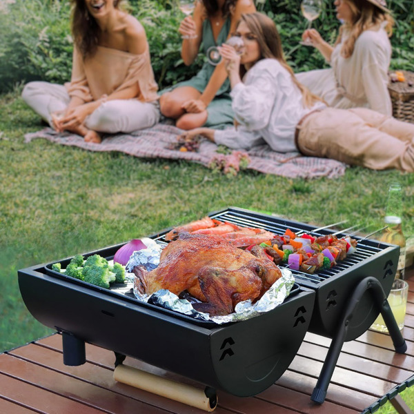 Table Top Grill Charcoal with Smoker, Double Side Use Small Charcoal Grill Portable with Grate and Fry Pan for Outdoor Camping BBQ,15.8in*11.6in*16.7in