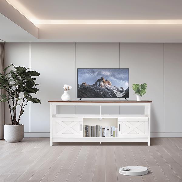 Fernsehkommode, TV Schrank für 65 Zoll, TV Sideboard mit Steckdosen, TV Board mit Ablageschränken & offenem Regal, Landhausstil Fernsehtisch für Wohnzimmer,150x40x65 cm (Braun)