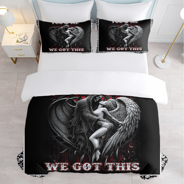 3pcs Soft and Comfortable Death and Angel Print Duvet Cover Set for Bedroom and Guest Room - Includes 1 Duvet Cover and 2 Pillowcases (Core Not Included) Full Size