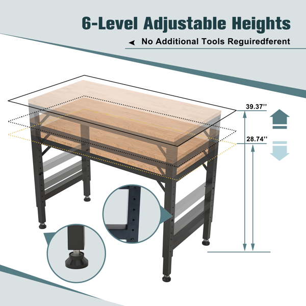 48" Heavy-Duty Adjustable Workbench, Rubber Wood Shop Table with Rubber Pads, over 2000 Lbs Capacity Hardwood Work Benches for Garage, Workshop, Office, Home