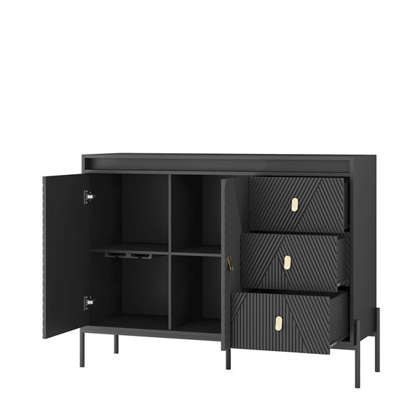 Buffets & Sideboards, Fluted Sideboard Cabinet, 2 Door 3 Drawer Design, with Led Lights,Black Sideboard - Elegant Cabinet Ideal for Dining Room and Kitchen Storage,Black