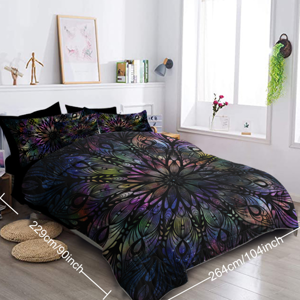 Colored Mandala Flowers Pattern Comforter Set 8PCS King Size Soft Bedding Set - 1 Comforter，1 Pilow Cover，1 Flat Sheet，1 Fitted Sheet，4 Cushion Cover