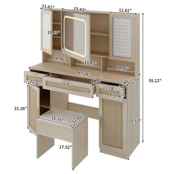 Large Vanity Table Set with LED Lighted Mirror and 2 DIY Pegboards, 5 Hooks, Vanity Desk with Charging Station, Makeup Table with Drawers, Storage Shelves and Cabinets, Cushioned Stool for Bedroom