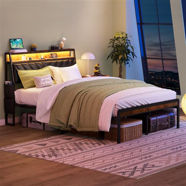 Full size Platform Bed Frame with 105-Degree Tilted Upholstered Headboard, Charging Station, LED Lights, Noiseless, Black and Brown