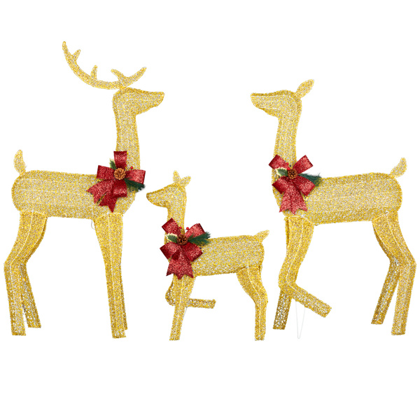 3-Piece Lighted Christmas Reindeer Family Set Outdoor Decorations, Weather Proof 2D Deer Family Set of 3 Christmas Ornament Home Decor Pre-lit 200 LED Warm White Lights with Stakes, Golden