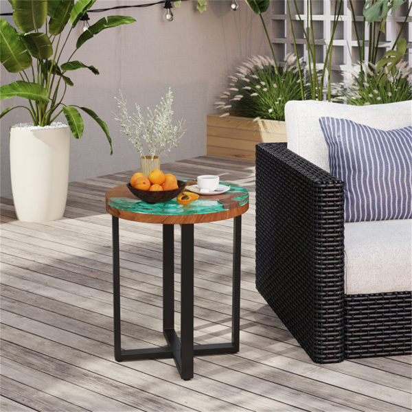 20-inch round end table with epoxy top for indoor and outdoor use