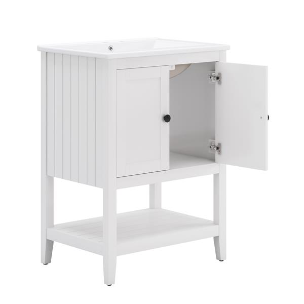 24" White Modern Sleek Bathroom Vanity Elegant Ceramic Sink with Solid Wood Frame Open Style Shelf