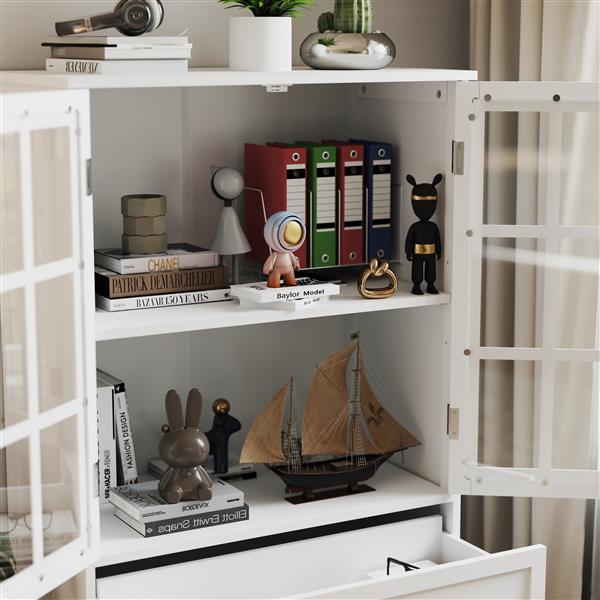 Minimalist White Buffet Cabinet with Double Glass Doors and Drawer, Modern Wooden Storage Sideboard Cupboard for Living room, Dining Room Hallway Entryway