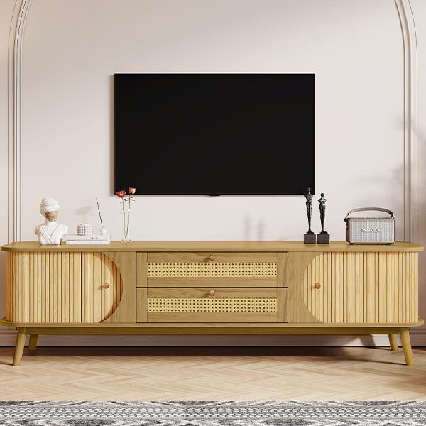 Rattan TV Stand for TVs up to 75'', Modern Farmhouse Media Console, Entertainment Center with Solid Wood Legs, TV Cabinet for Living Room,Home Theatre