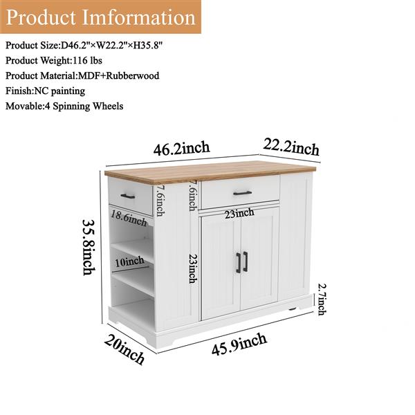 46'' Multi-Storage Rolling Kitchen Island with Rubber Wood Tabletop, Large Farmhouse Kitchen Cart with Adjustable Shelves and Drawers, Movable Dinning Table Bar with Storage Cabinet for Kitchen