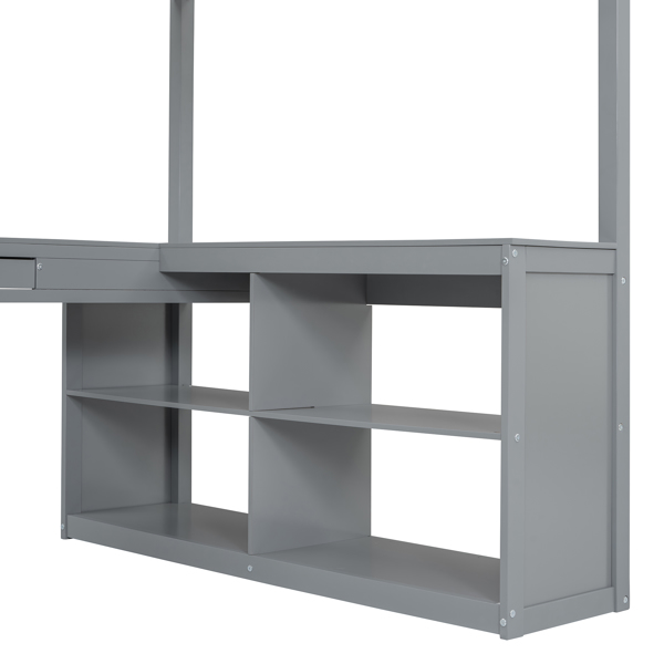 Full Wooden Loft Bed with U-shaped Desk,Storage Compartments and Tri-fold Mirror, Gray 