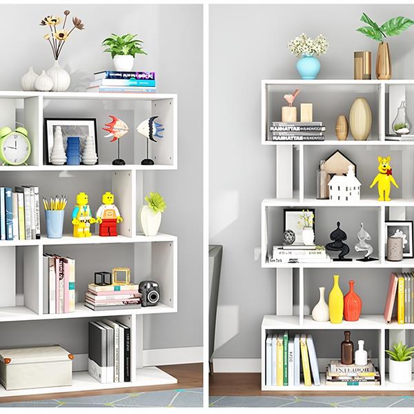 4 Tier Storage Shelf S Shaped Bookcase, Multifunctional Wooden Display Decor Furniture, Free Standing Industrial Storage Rack for Living Room Bedroom Office, Modern 4 Shelf Bookcase (1 White)