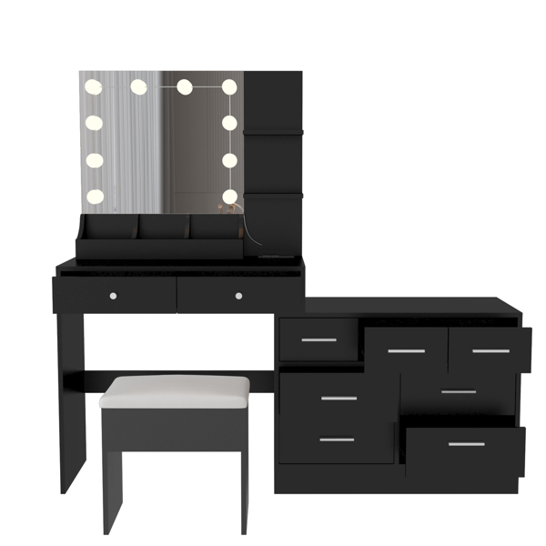 Large Makeup Vanity with Lights, Vanity Table with Charging Station, Vanity Desk with Mirror and 10 LED Light Bulbs, Makeup Table with Tabletop Compartments, Drawers and Storage Shelves, Black