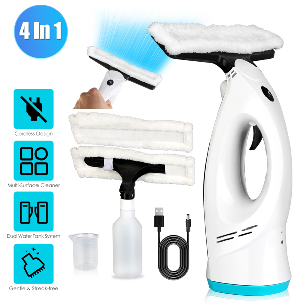 4 In 1 Cordless Window Vacuum Cleaner Rechargeable Glass Tile Mirror Cleaning Tool with Dual Water Tanks Multifunctional Spray Bottle