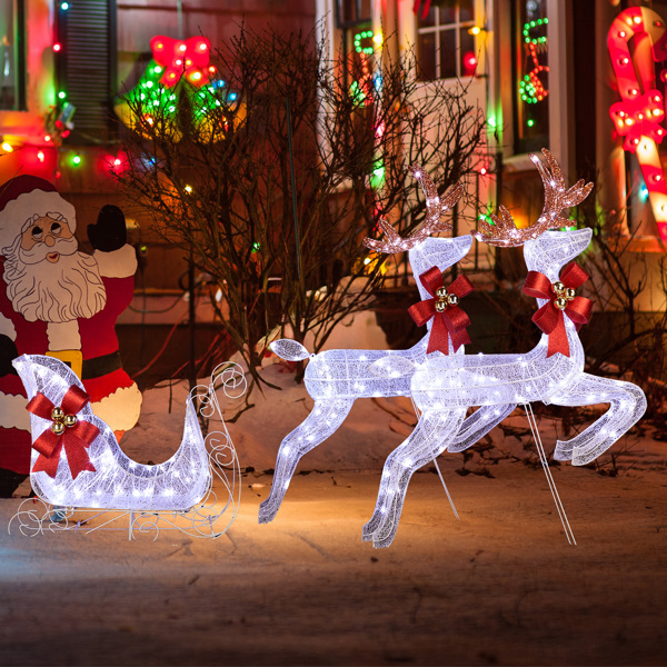 3-Piece Lighted Set of 2 Reindeer & Sleigh, Weather Proof Christmas Outdoor Decorations with Pre-lit 270 LED White Lights and Stakes for Xmas Outdoor Holiday Indoor Decor Lighted Holiday Displays, Whi