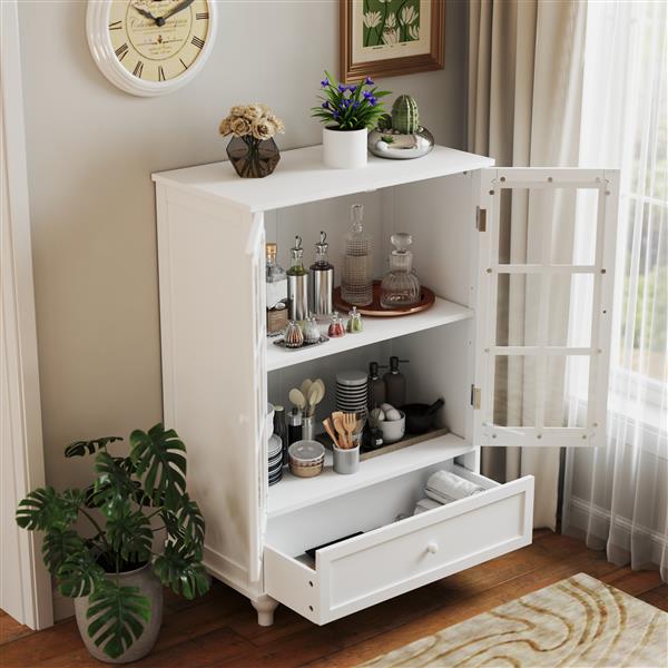 Minimalist White Buffet Cabinet with Double Glass Doors and Drawer, Modern Wooden Storage Sideboard Cupboard for Living room, Dining Room Hallway Entryway