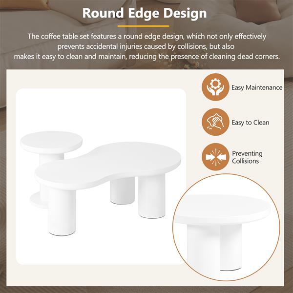 Easy Assembly Nesting Coffee Table Set of 2, Cream Style Cloud Coffee Table with Round Small Side Table,  Irregular Center Table with Thick Legs for Living Room, White, 39.3''x 13.7'',Φ15.7''