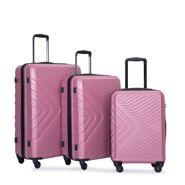 3 Piece Luggage Sets ABS Lightweight Suitcase with Two Hooks, Spinner Wheels, TSA Lock, (20/24/28), Pink