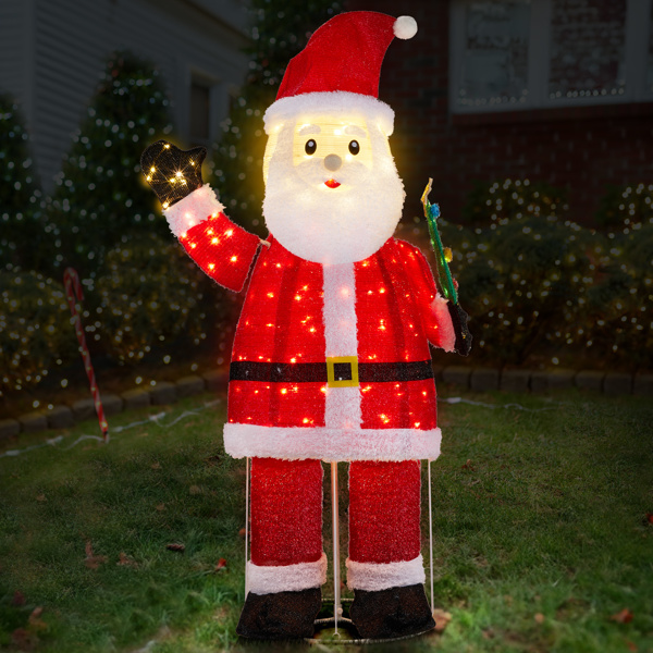 6FT Lighted Santa Christmas Yard Decorations, Pre-lit Pull Up Santa Waving Hand with 180 LED Warm White Lights and Ropes Stakes for Xmas Outdoor Holiday Indoor Decor Lighted Holiday Displays