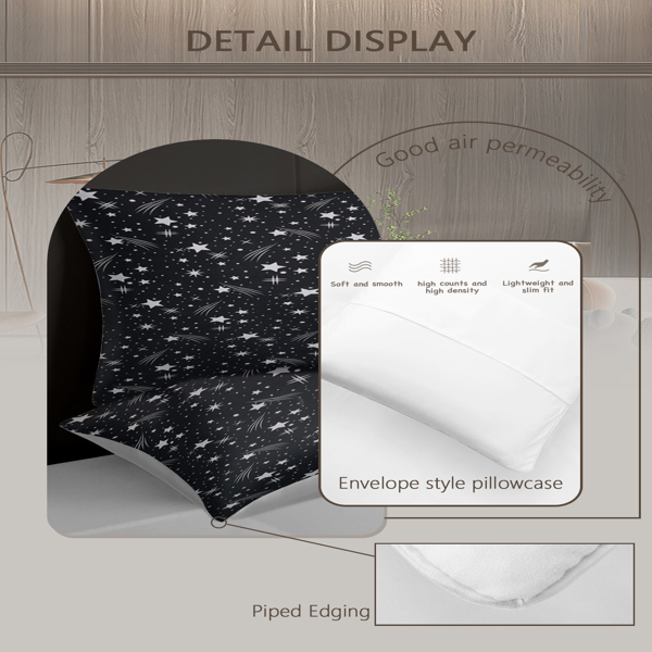 3 Piece Sparkle Black Meteor Shower Printed Duvet Cover Set Full Size for Home Bedroom Decor