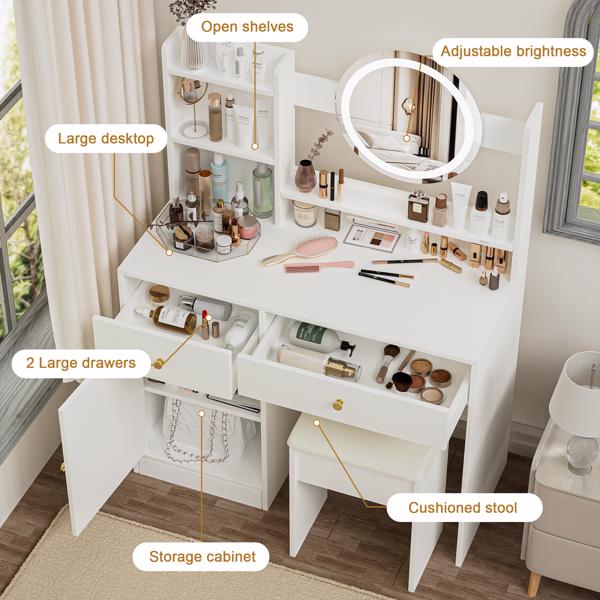 Fashion Vanity Desk with Mirror and Lights for Makeup and Cushioned Chair, Vanity Mirror with Lights and Table Set with 3 Color Lighting Brightness Adjustable,Dressing table, White Color 